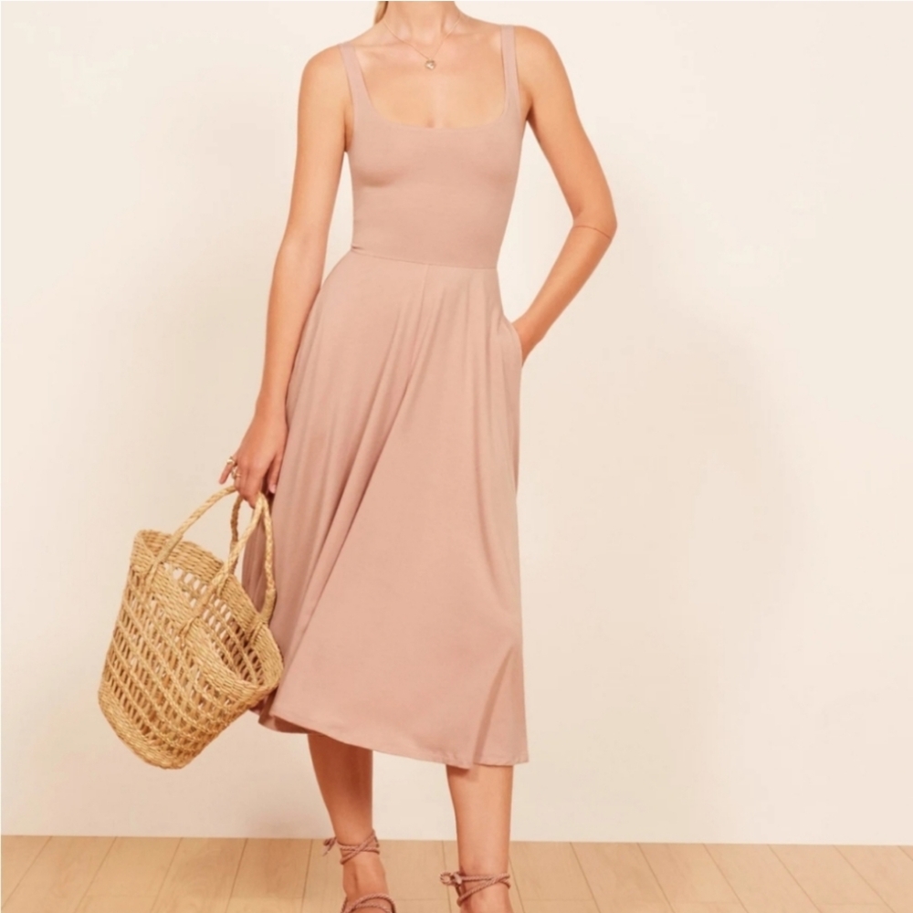 NWT Reformation Blush Pink‎ Rou Scoop Neck Fit & Flare Jersey Knit Midi Dress XL - Picture 3 of 5